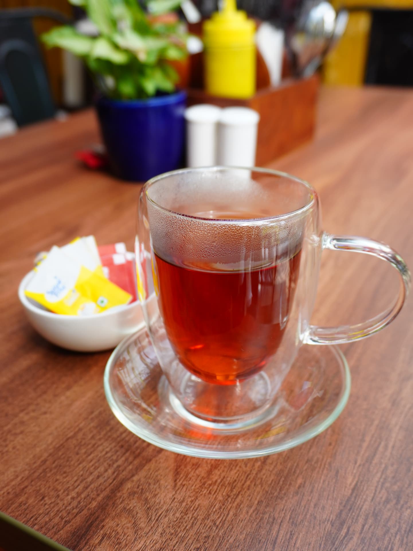 Freshly brewed tea in a double-walled glass