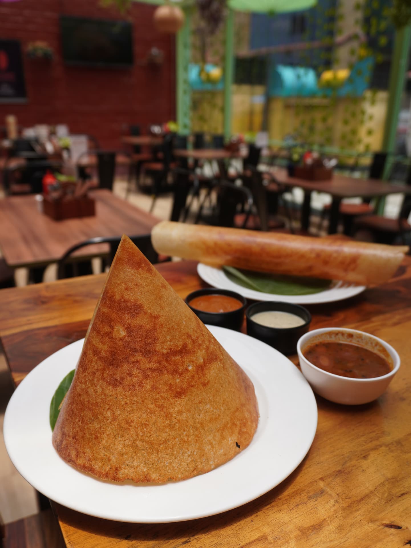 Crispy cone dosa with sambar and chutneys